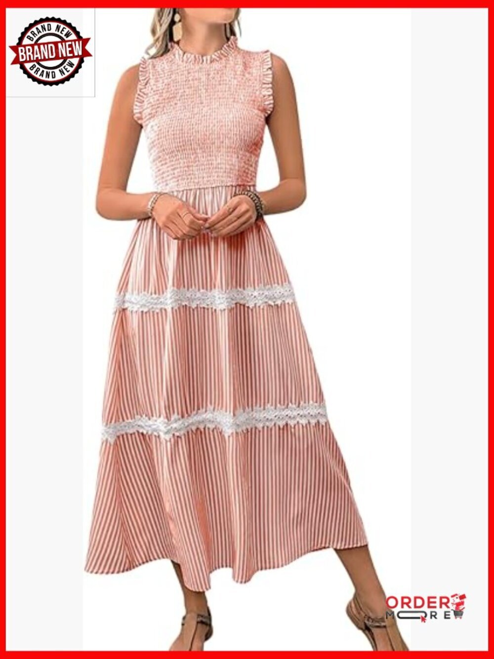 Sleeveless Smocked Flowy Tiered Midi Dress Crew Neck High Waisted A-Line